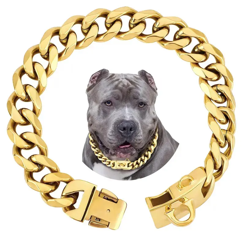 TikTok Favorite!19mm Gold Stainless Steel Dog Harness Collar - Chew-Proof Heavy Duty Leash Chain for Large Dogs Big Breed Approved & Tangle-Free! Pet accessories #LargeDogEssentials