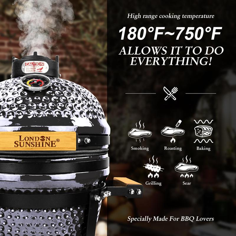 London Sunshine Ceramic BBQ Charcoal Kamado Grill 13 inch Portable Tabletop BBQ Grill Light Gray