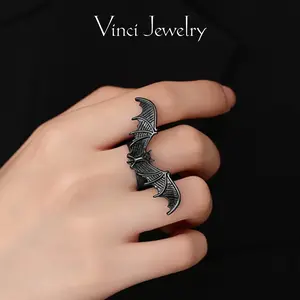 Sterling Silver Vintage Black Bat Electroplated Ring, Unique and Distinctive Gothic Fantasy Dark Punk Style for Boys&Gifrls, Unisex Double for Halloween, Birthday or Theme Party, Perfect for Daily Wear