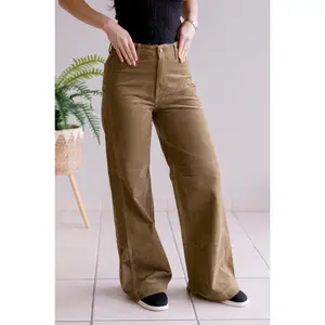 Judy Blue High Waist Olive Corduroy Retro Wide Leg Bottoms 881041, Stretchy Cotton Warm Womenswear Bottoms, Vintage