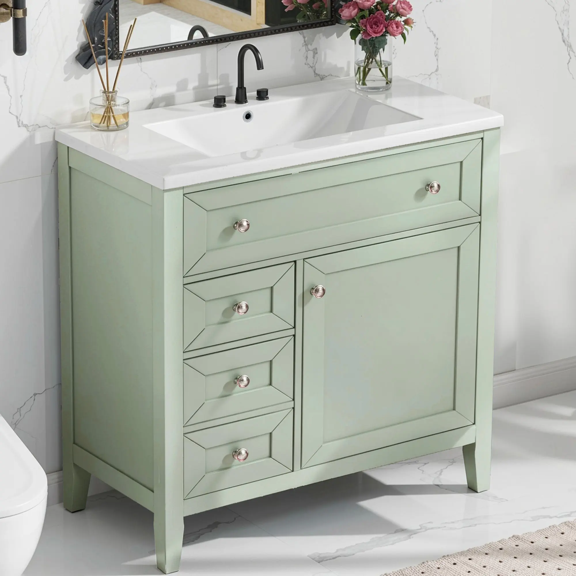 Soges 30 Inches Bathroom Vanity with Integrated Ceramic Sink, Solid Wood Frame Vanity Cabinet with Doors and Drawers, Space Saving Modern Compact Large Storage Home Cabinet, Durable