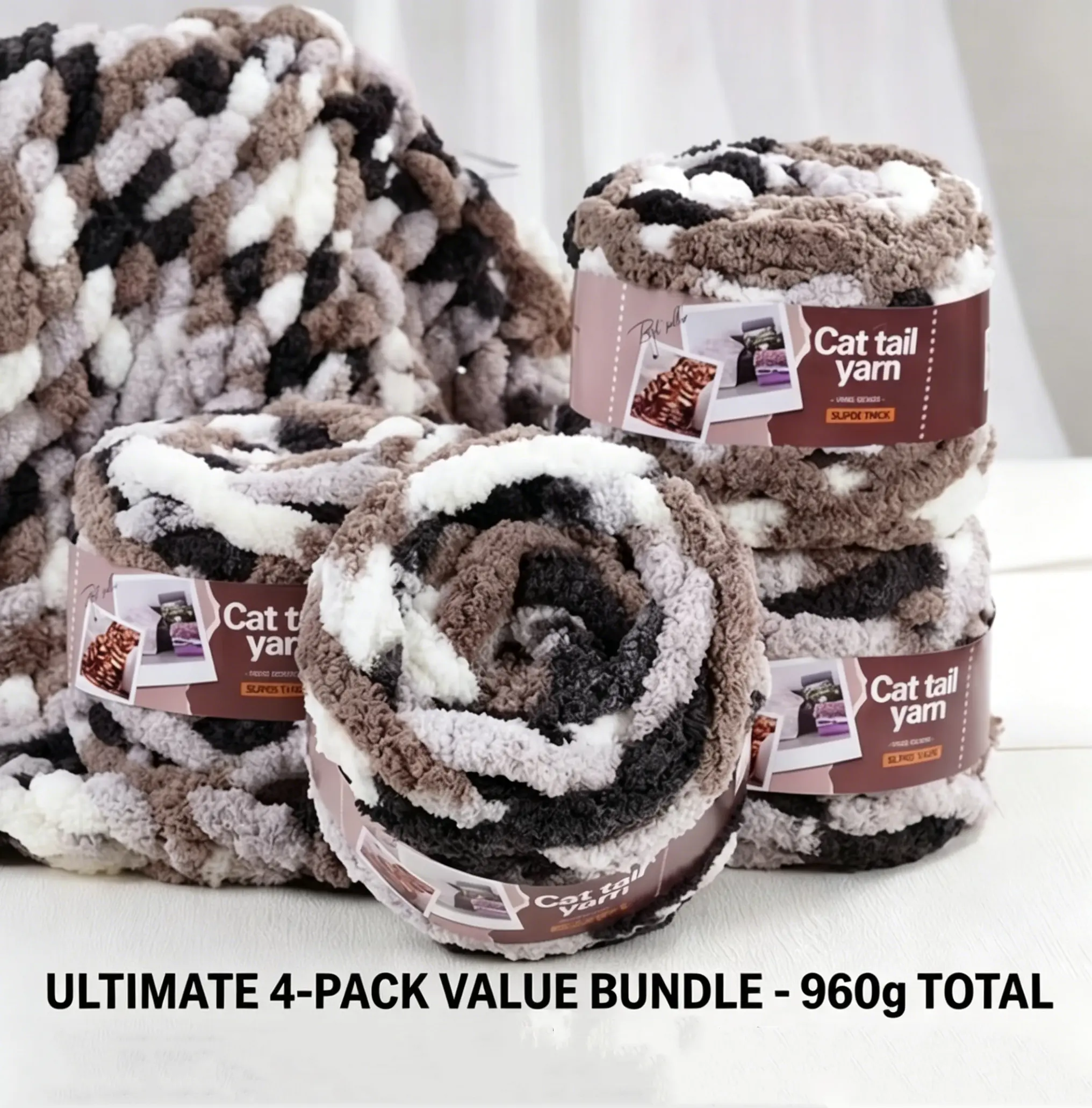 4 Skeins Super Plush Cat Tail Yarn - No Hook Easy Finger Knitting Yarn, Ultra Soft Chenille Yarn for DIY Blankets & Gifts