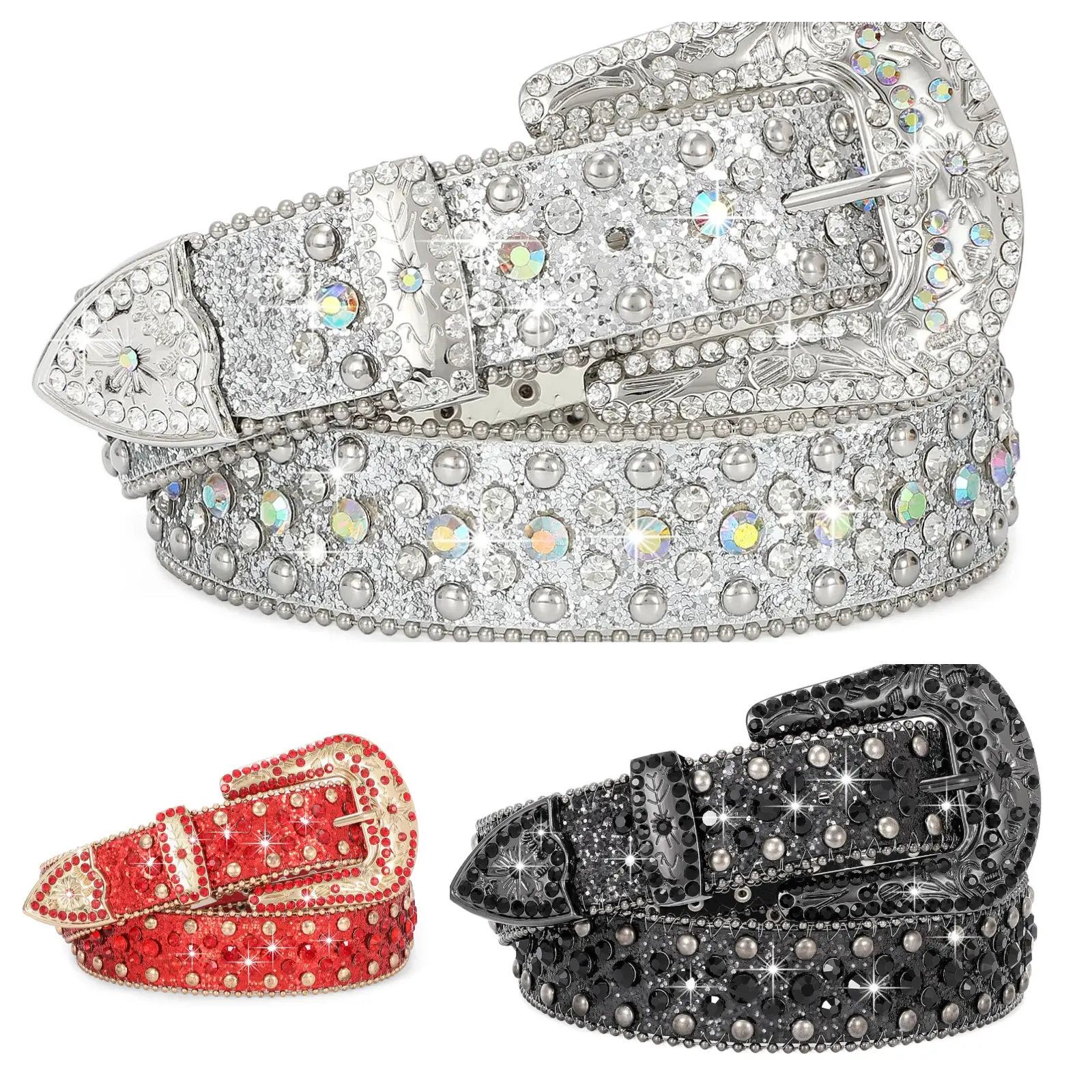 XZQTIVE Rhinestone Decor Belt - Western Belts for Urban Cowboy, Glitter Rhinestones & Sequin Studded Strap with Square Buckle, Fashion Accessory for Jeans, Strap Belt
