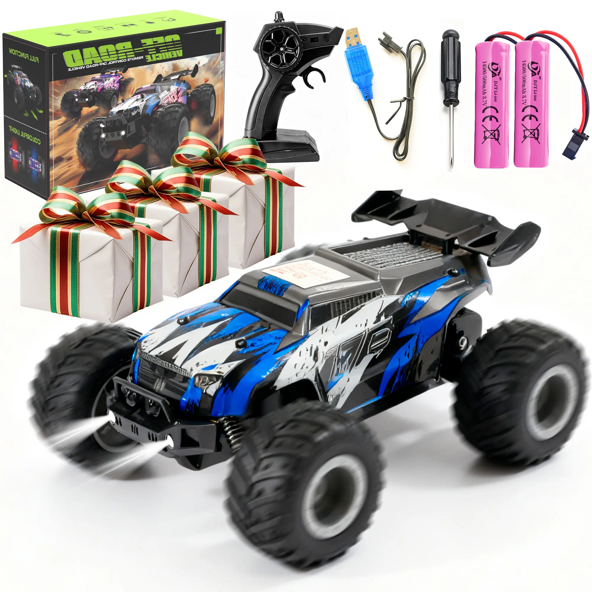 High Speed RC Monster Truck - 20KM/H 2.4GHz Anti-Interference, LED Light, 2 Rechargeable Batteries, All Terrain RC Model Car, Kids Toy Gift, Remote Control Car