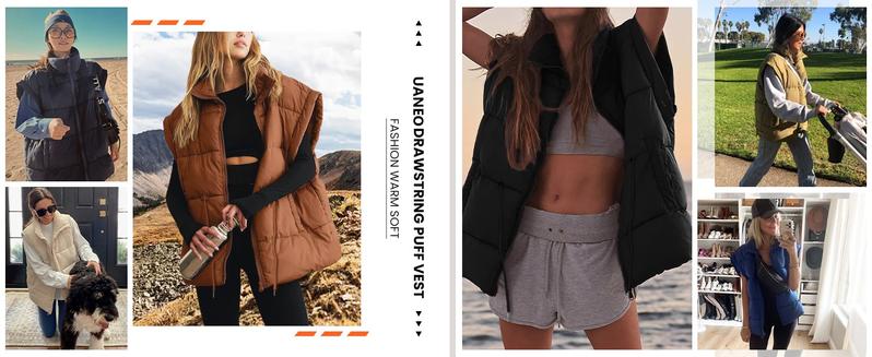 UANEO Women's Puff Vest Winter Drawstring Stand Collar Full Zip Sleeveless Padded Gilet