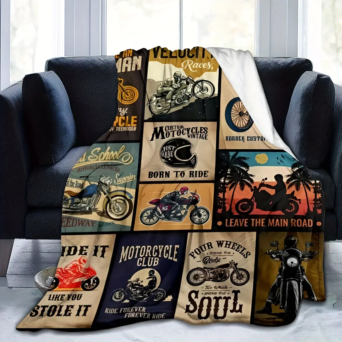 Vintage Motorcycle Fleece Blanket for Bikers - Soft, Durable, Anti-Pilling Synthetic Polyester All-Over Print Retro Design Throw, All-Season Couch Cover, Machine Washable Home Decor Tapestry Gift for Enthusiasts