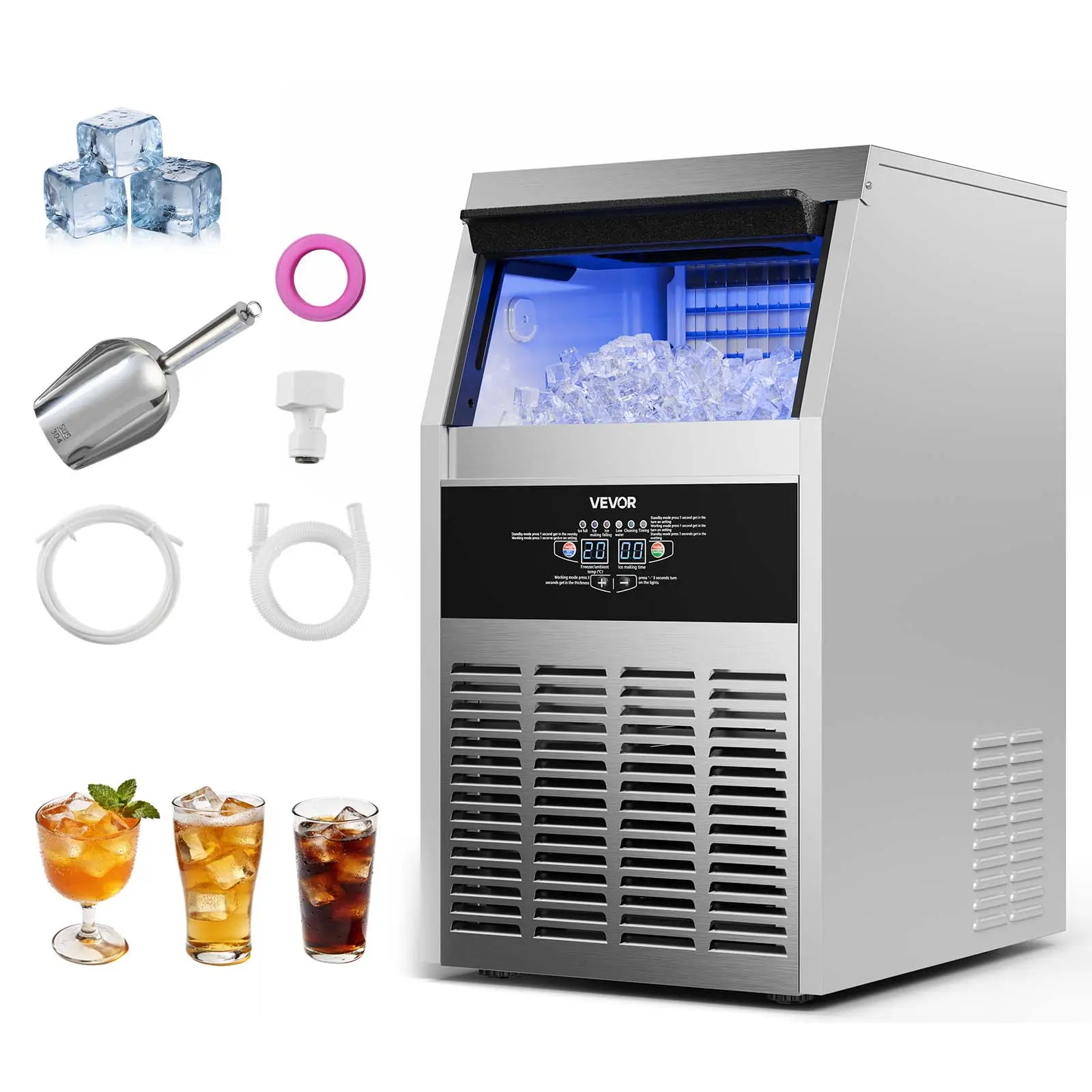 【DealsForYouDays】VEVOR Commercial Ice Maker Machine, 130 lbs/24h with 30 lbs Storage Capacity, Built-in/Freestanding/Under Counter, Stainless Steel Ice Maker with LED Display & Self-Cleaning, for Home Bar Restaurant