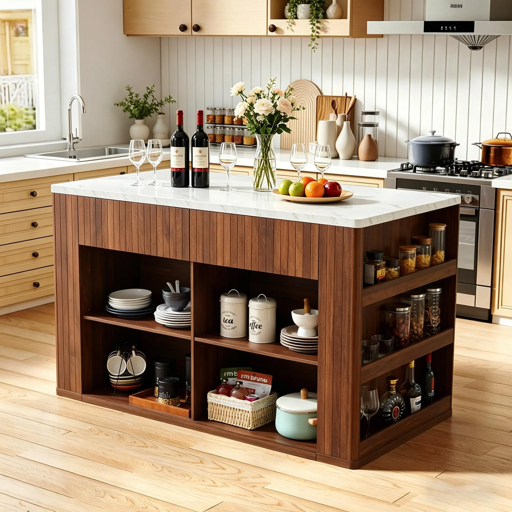 Giratree 59" Kitchen Island with Storage & Seating for 2, Modern Stationary Kitchen Island with Faux Marble Top, 2 Drawers, Open Shelves & 5 Hooks, Counter Height Prep Table for Dining & Kitchen