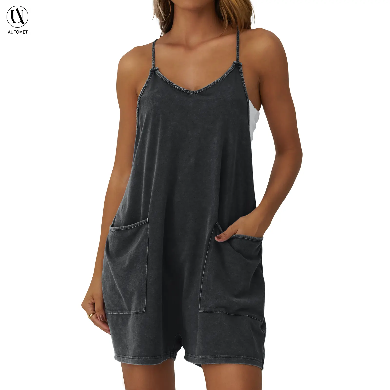AUTOMET Women's Minimalist Acid Wash Cotton Blend Jumpsuit, Casual Comfy Spaghetti Strap Summer Romper with Pockets, Fashion Apparel, Clothes Products, Women's Clothes, Minimalist Vibe, One-Piece Romper Ease