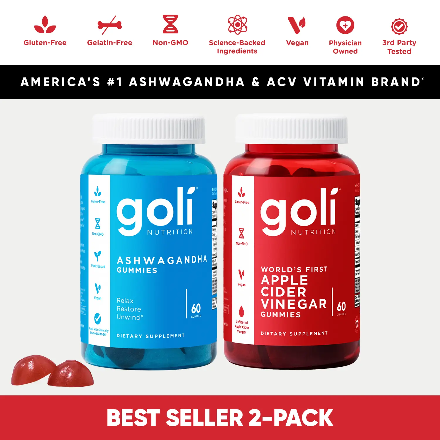 2 Bottles of Goli Top Sellers: 1 Bottle of Ashwagandha + 1 Bottle Apple Cider Vinegar Gummies Vitamins. Gelatin-Free, Gluten-Free, Vegan & Non-GMO