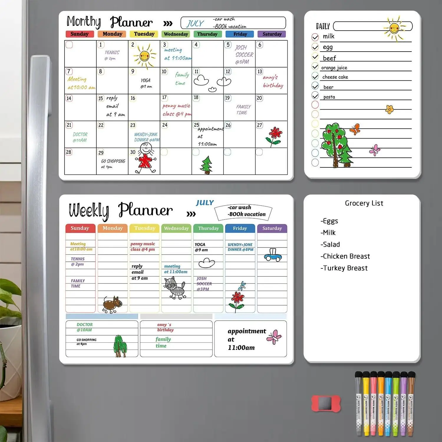 QIUCHAN Magnetic Dry Erase Calendar Whiteboard Set (4-Pack) for Home, Kitchen with Monthly and Weekly Views (16.5” x 11.8”) Magnetic Whiteboard and Daily Notepads (12” x 8”) 8 Markers and 1 Eraser