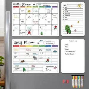 Hivillexun Magnetic Dry Erase Calendar Whiteboard Set (4-Pack) for Home, Kitchen with Monthly and Weekly Views (16.5” x 11.8”) Magnetic Whiteboard and Daily Notepads (12” x 8”) 8 Markers and 1 Eraser