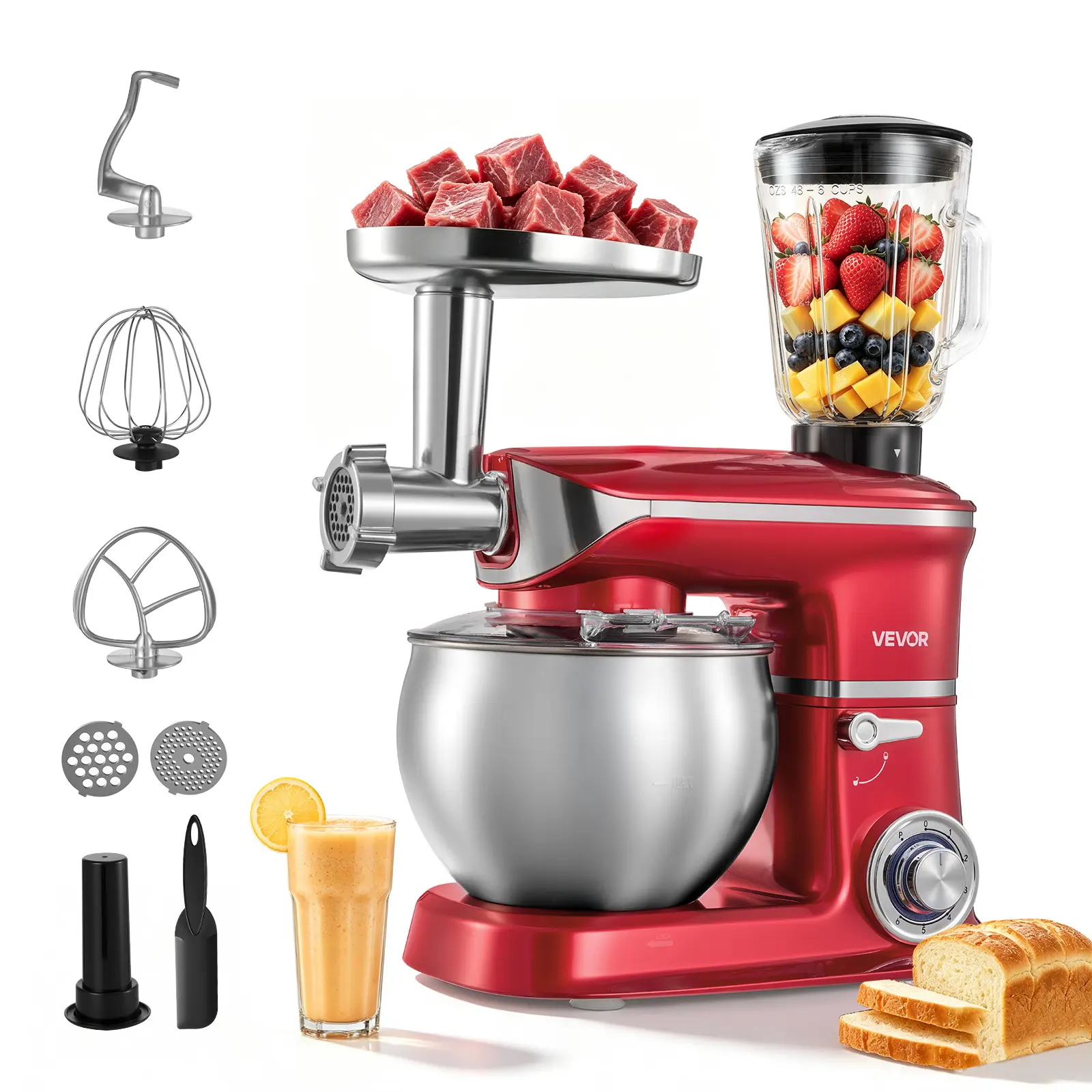 VEVOR 6.3 Qt 3-in-1 Tilt Head Stand Mixer 400W Electric Dough Mixer, Multifunctional Food Kitchen Mixer with Stainless Steel Bowl, Meat Grinder and Blender Attachments, Dough Hook, Whisk, Beater