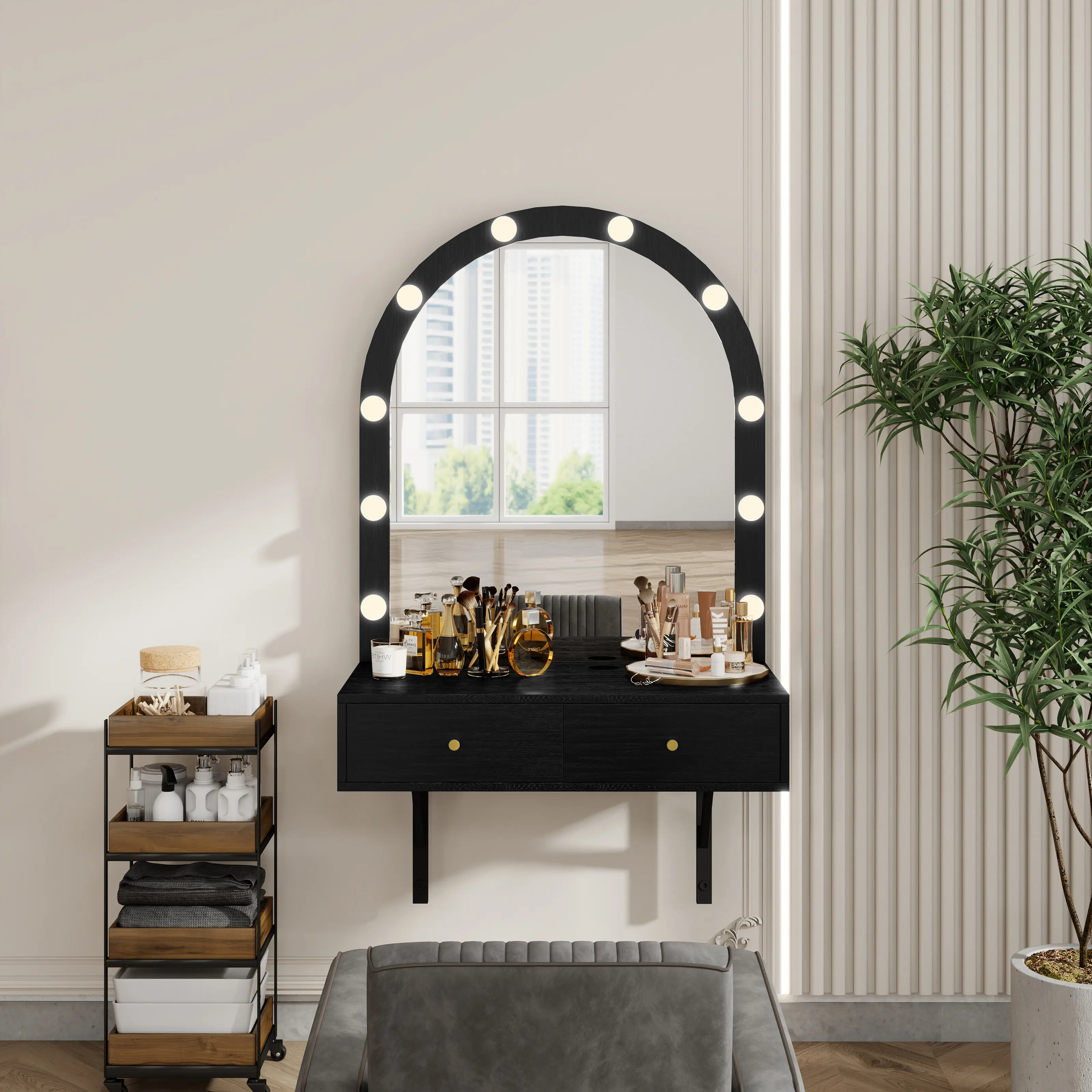 OPUL Floating Wall Mounted Makeup Vanity Desk with LED Mirror 3 Color Lights, Compact Dressing Table with Power Outlet & USB Charging, Space Saving Large Storage Vanity for Bedroom, Hairdressers, Bathroom, Black