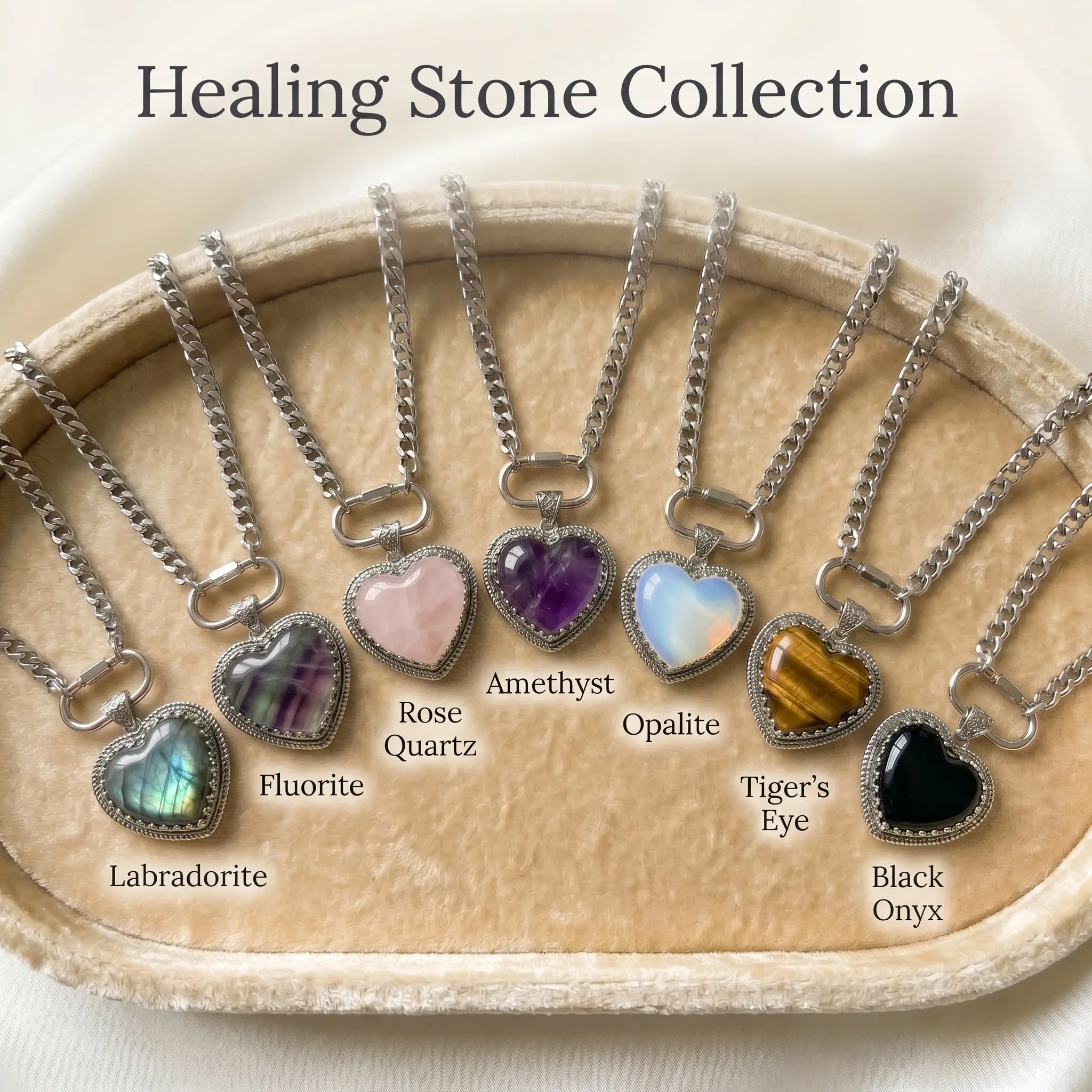 Heart Crystal Pendant Necklace with Stainless Steel Cuban Link Chain, Natural Gemstone (Opal, Labradorite, Rose Quartz, Tiger Eye) Healing Stone, Non Tarnish & Tarnish Proof, Waterproof Witchy Goth Punk Accessories, Birthday Gift for Women, Non Tarnish Je