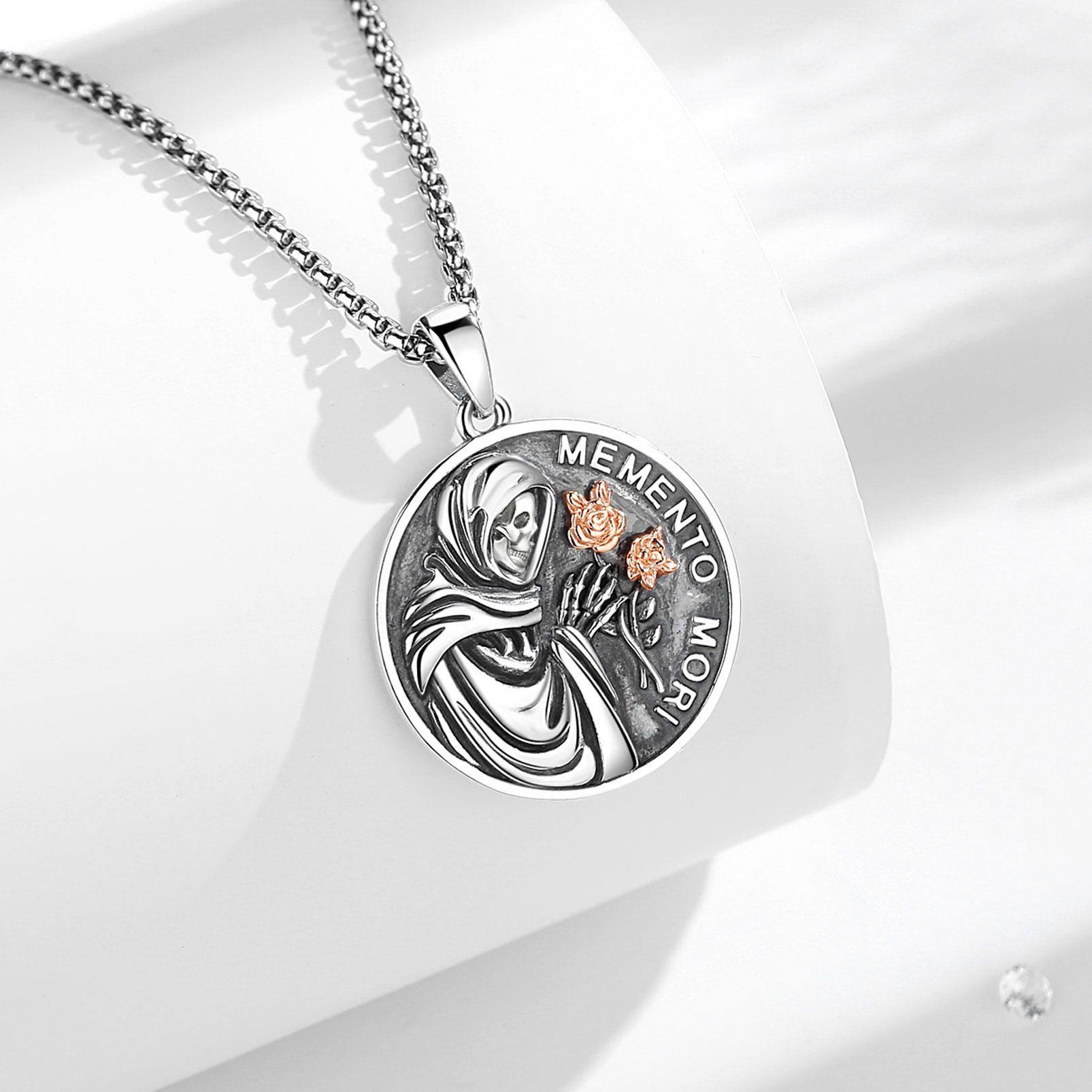 Eudora S925 Sliver Santa Muerte Necklace, Silver Grim Reaper Pendant, Mexican Saint Medallion,  Memento Mori Amulet, Protective Sigils Jewelry