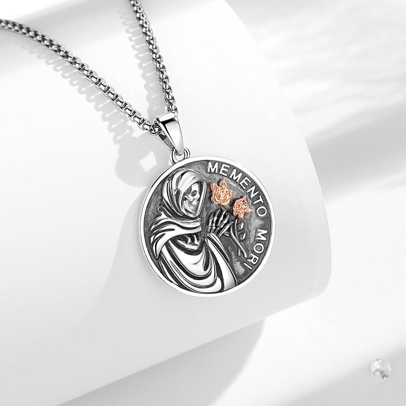 Eudora S925 Sliver Santa Muerte Necklace, Silver Grim Reaper Pendant, Mexican Saint Medallion,  Memento Mori Amulet, Protective Sigils Jewelry