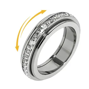 Anxiety Rings for Women and Men Titanium Steel Spinner Fidget Band Rings with Cubic Zirconia for Stress Relief and Wedding Promise Comfort Fit Size 5 to 12