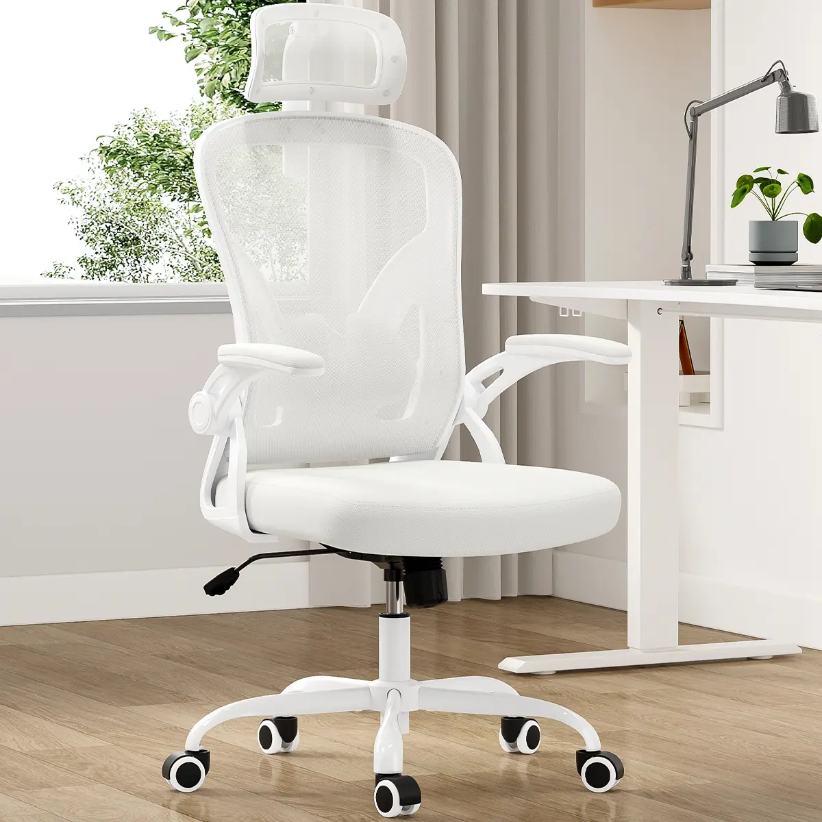 Ergonomic Office Chair, Home Office Desk Chair with Headrest, High Back Computer Chair with Armrests and Adjustable Lumbar Support for Home Office Study Room,White & White