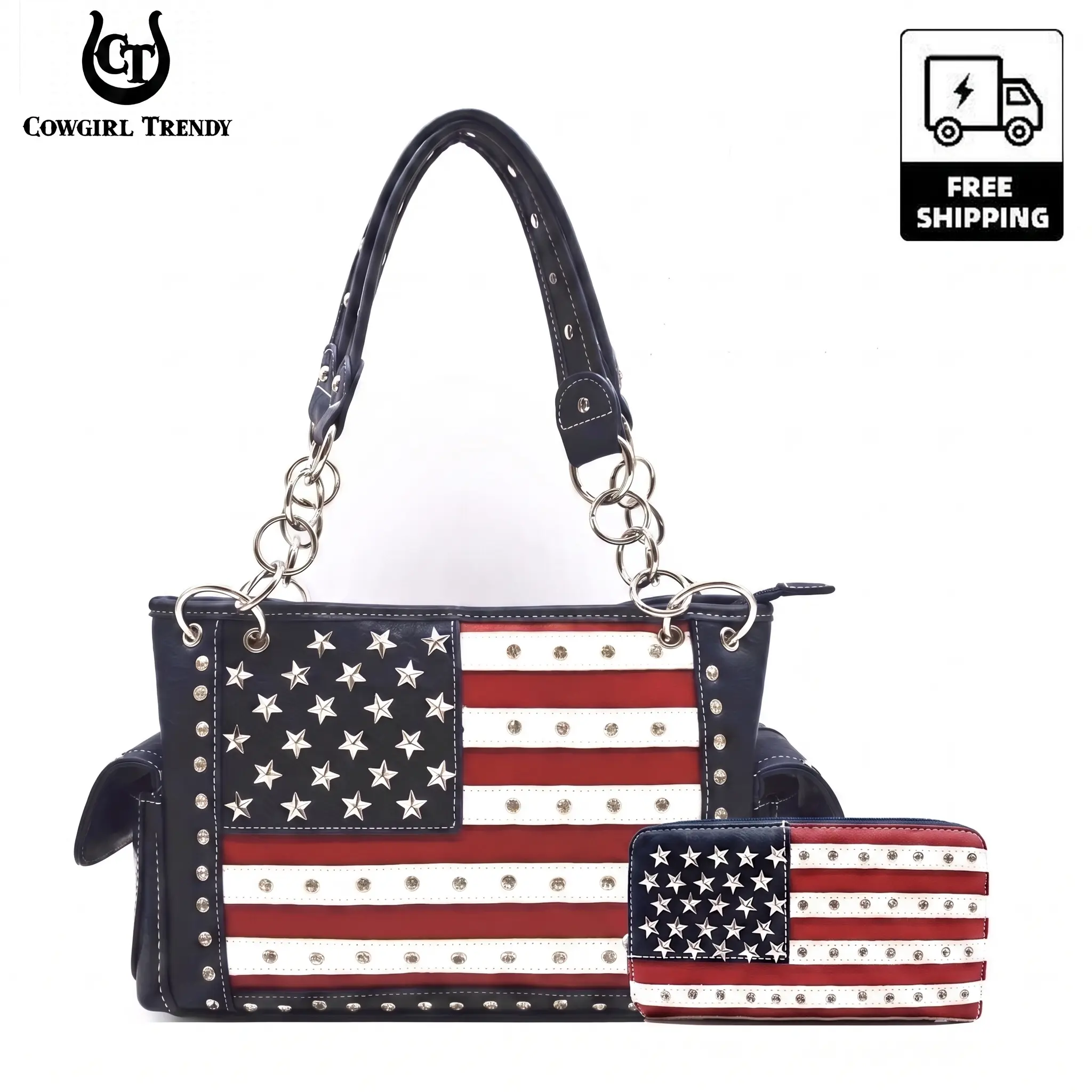 Women's Western Style Studded Graphic American Flag Tote Bag & Striped Set with Free Matching Wallet - Casual Wear Messenger Bag for Daily Use, Patriotic Events, Messenger Bags, American Flag Pattern Women's Handbags