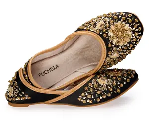 Hand Embroidered Black Satin Jutti Flats US sizes Fuchsia Midnight Glamour
