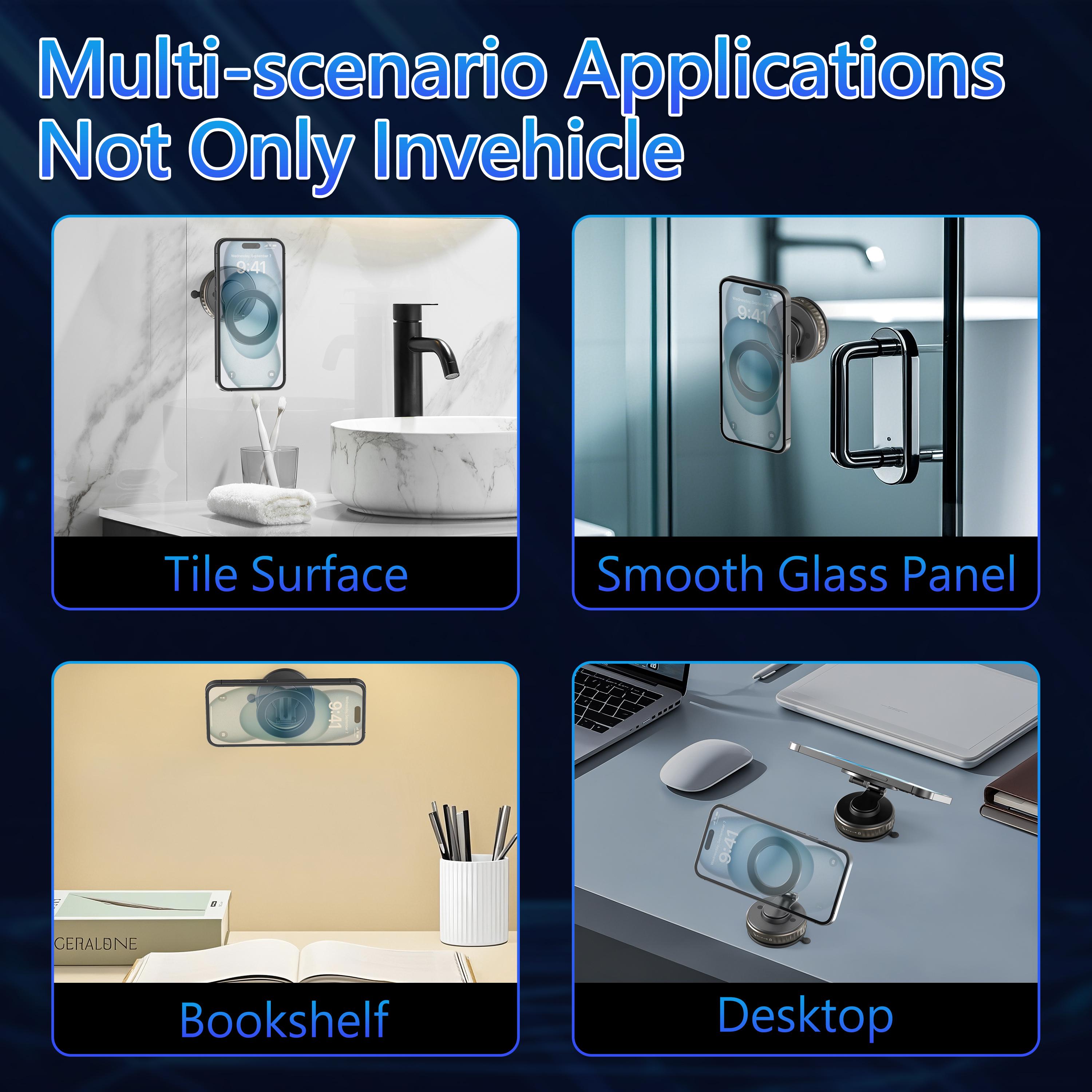 Universal Magnetic Car Phone Holder - Strong Vacuum Suction Cup Mount for All Smartphones & Vehicles | Foldable Design Works on Dashboard, Gym & Bathroom Mirrors