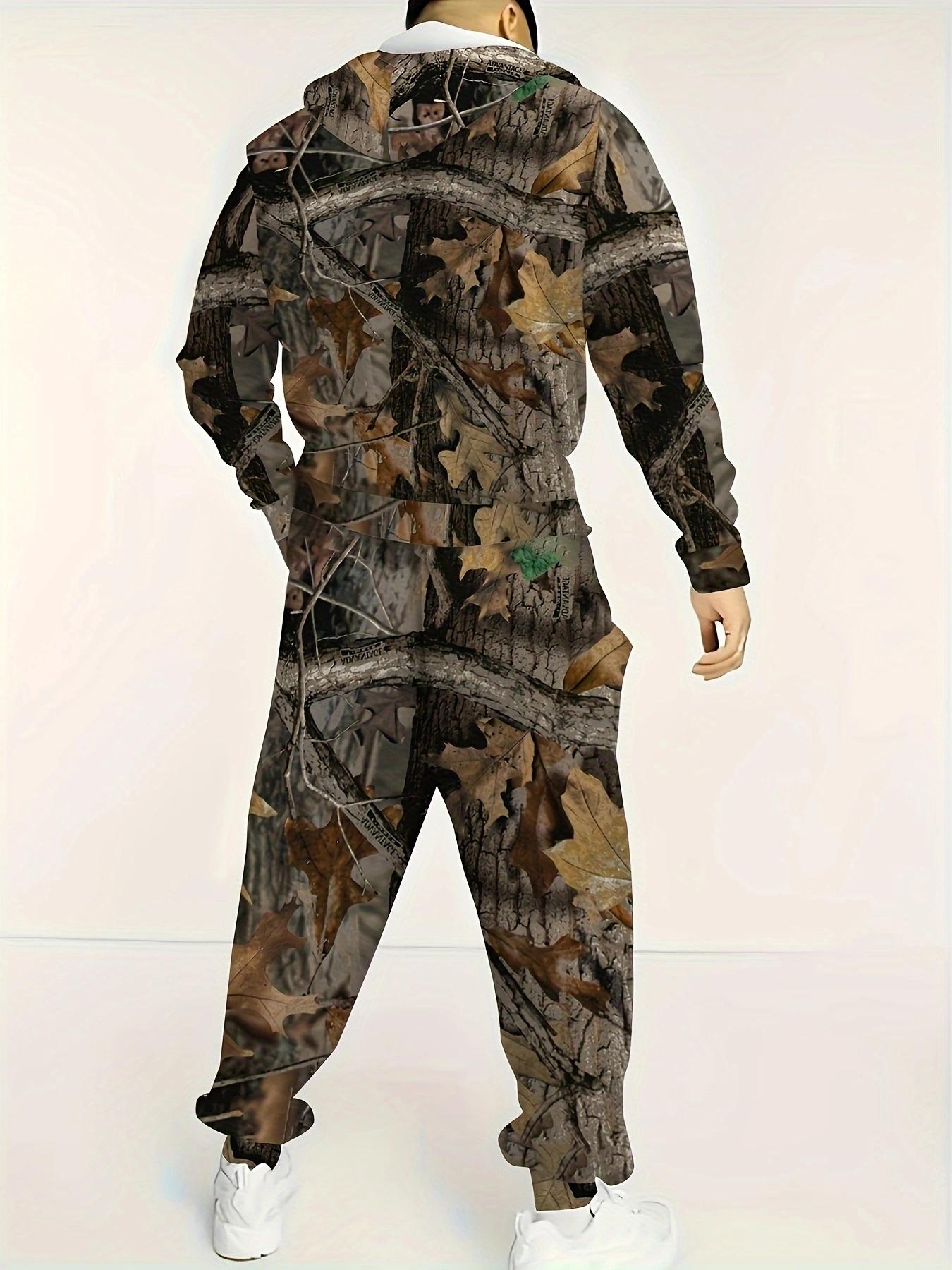 Men's camouflage print hoodie and joggers set, made from casual polyester knit fabric with stretch