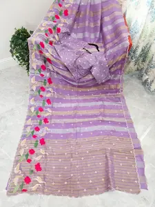 Royal Lavender Orchid Tissue Silk Saree with Floral Border & Stitched Blouse