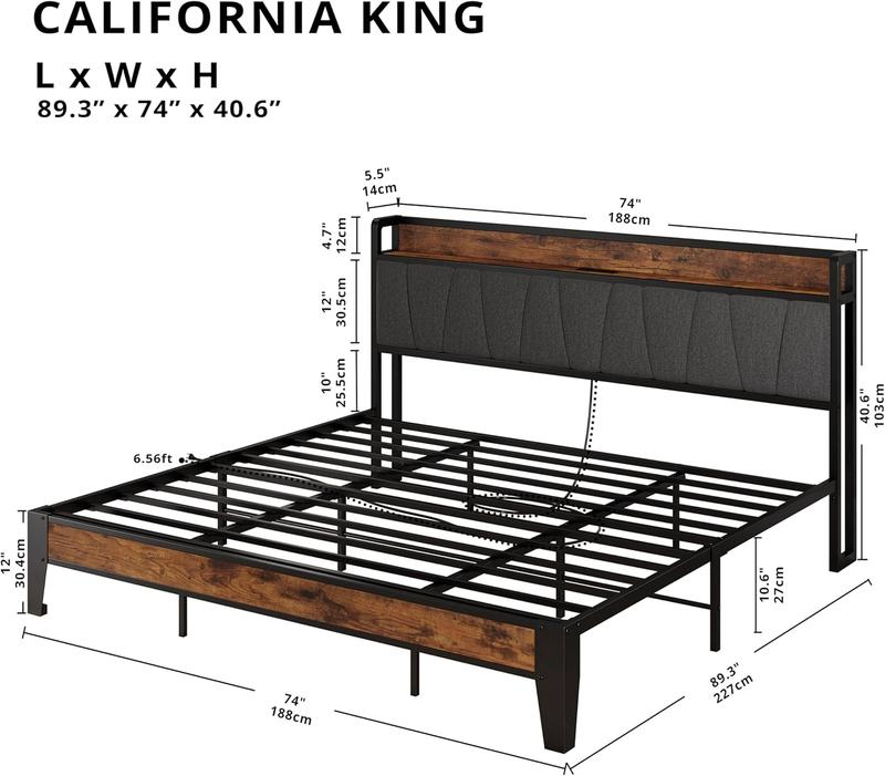LIKIMIO Bed Frame, Storage Headboard with Charging Station, Solid and Stable, Noise Free, No Box Spring Needed, Easy Assembly