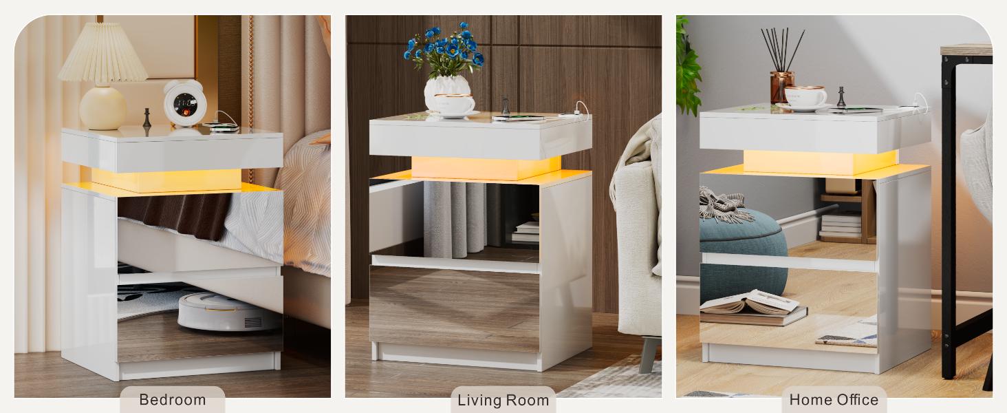 Miu Nightstand Gun Drawer with USB & Type-C Port Automatic Sensor LED Light Modern Design for Office & Bedroom Storage Includes Charging Station Magnetic Attraction Lock Stylish Bedside Table