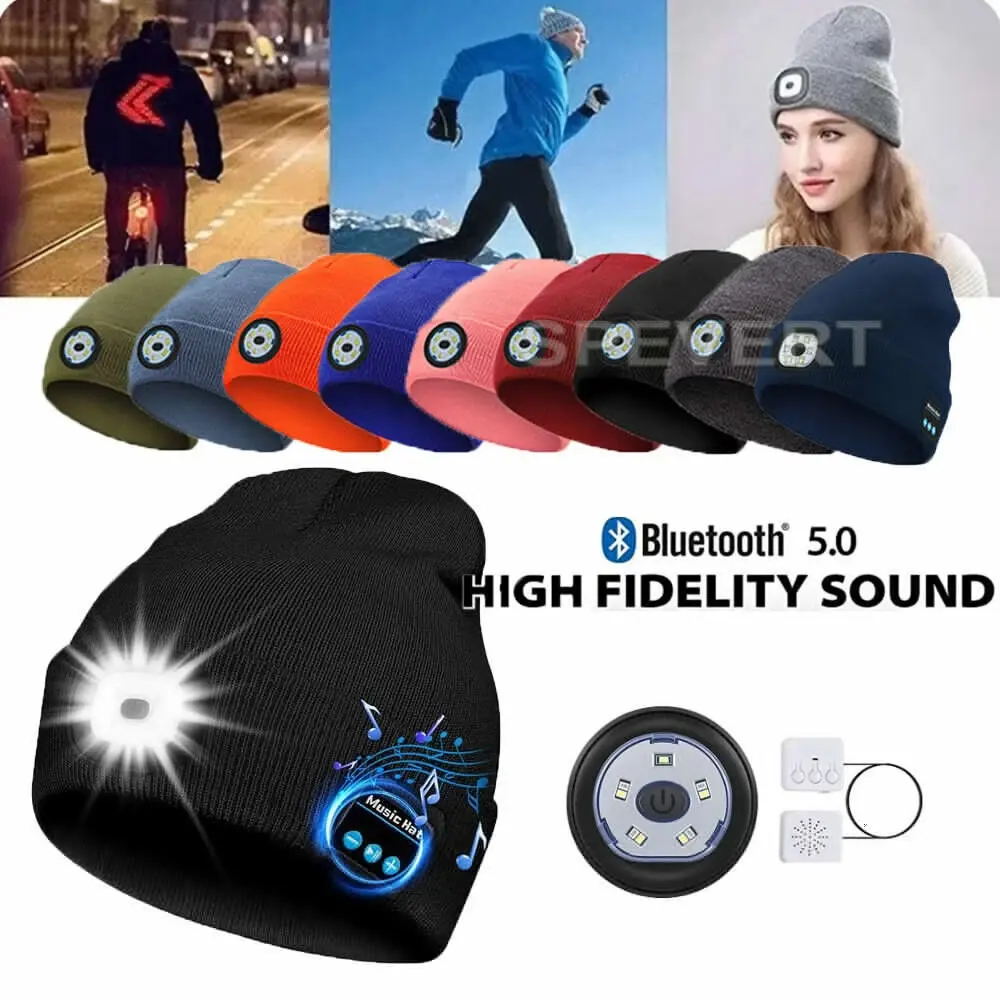 FEITAI All-Seasons Warm LED Lighted Beanies for Men & Women, Soft Acrylic Blend Bluetooth Hat with USB Charge 6-LED Rechargeable Headlamp for Outdoors