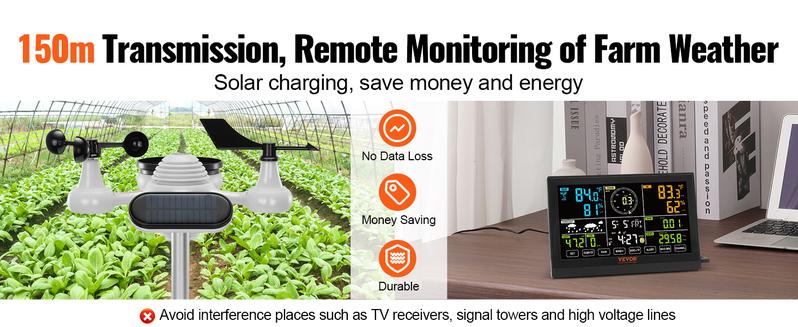 VEVOR 7-in-1 Wi-Fi Weather Station, Various specifications, 7.5 in Color Display, Home Weather Station Indoor Outdoor, with Solar Wireless Outdoor Sensor Alarm Alerts, for Temperature Humidity Wind Speed/Direction Rain