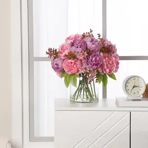GAOMON 17-Piece Mixed Silk Peony Bouquet in Glass Vase with Faux Water, Real Touch Artificial Flowers for Wedding Centerpieces, Home Table Decor, and Event Decorations (Pink & Purple)