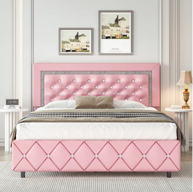 [SummerSale] HOMBCK Diamond Bed Frame, No Mattress, Comfortable and Adjustable Headboard, Luxury Leather, Modern, Sturdy, No Box Spring Needed, Easy Assembly #home essentials#back to school