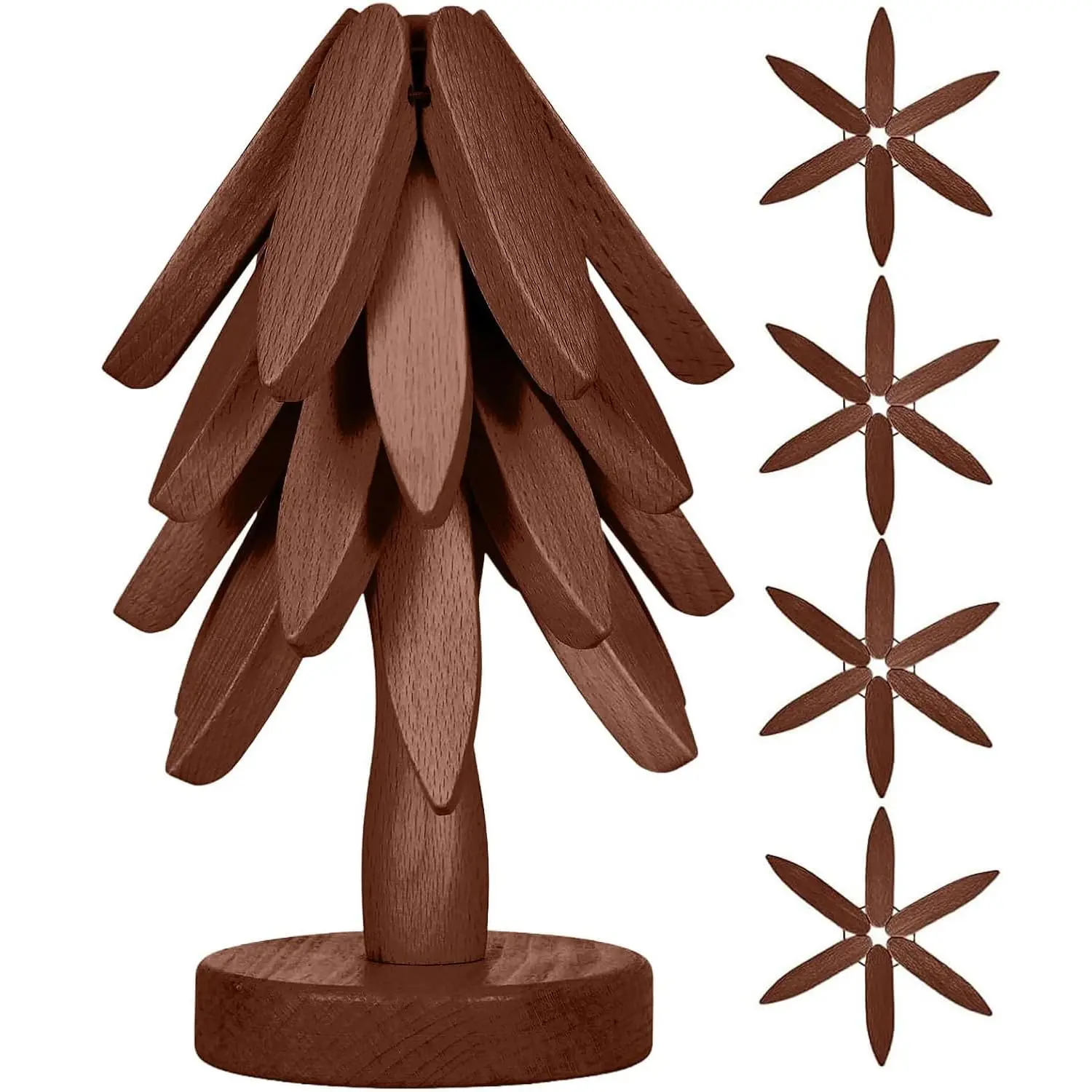 Decorative Trivets Tree-Shape Set - 4+1 Handcrafted Solid Wood Trivets with Parabolic Cut & Stand, Heat-Resistant Foldable Kitchenware for Hot Dishes Pots Bowls Teapots, Beautiful Decoration, Exquisite Gift, Durable