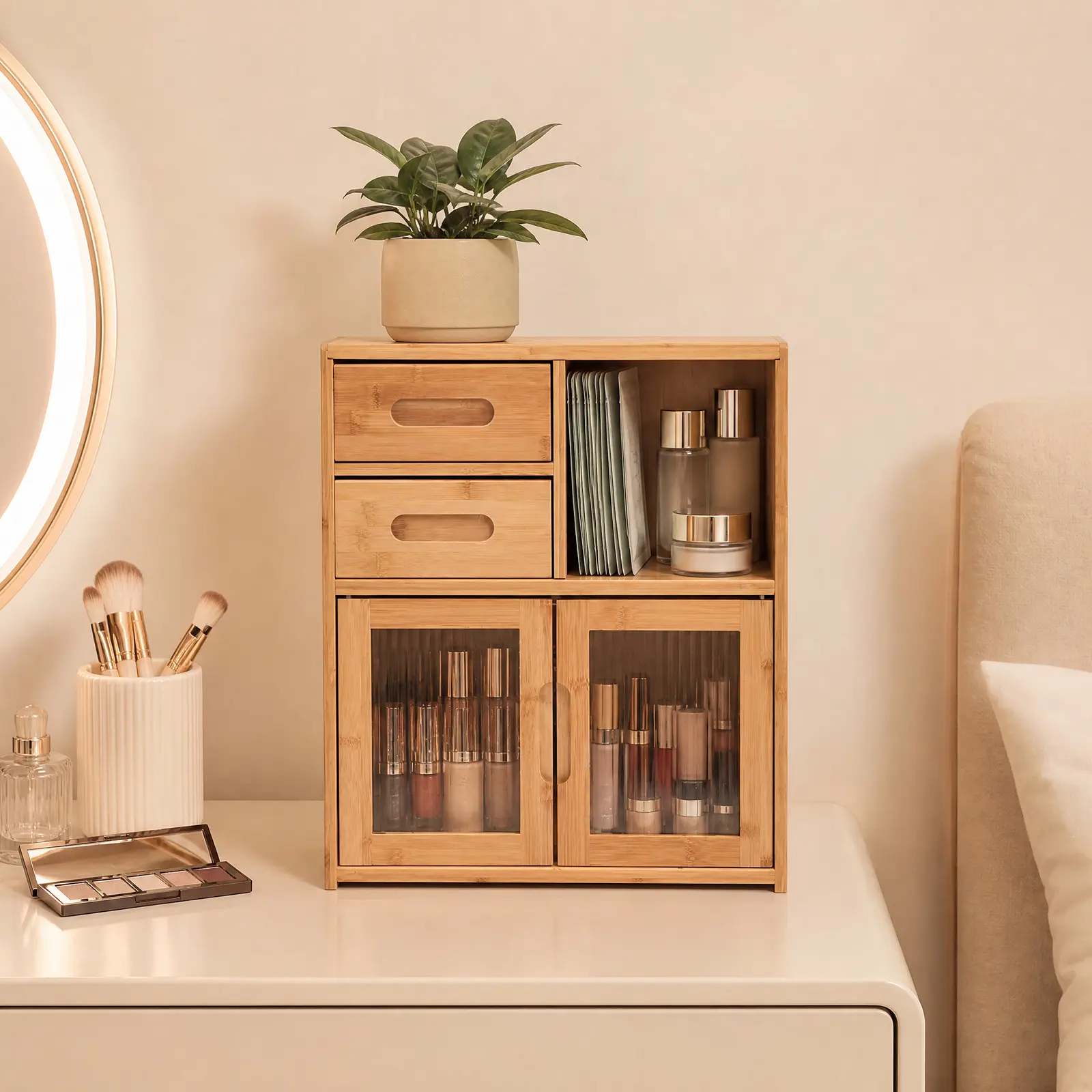 Modern Bamboo Wood Rectangular Storage Cabinet - 16.5in Tall Floor Mount Organizer with 2 Drawers & Clear Doors, Acrylic Front Sideboard for Kitchen & Living Room