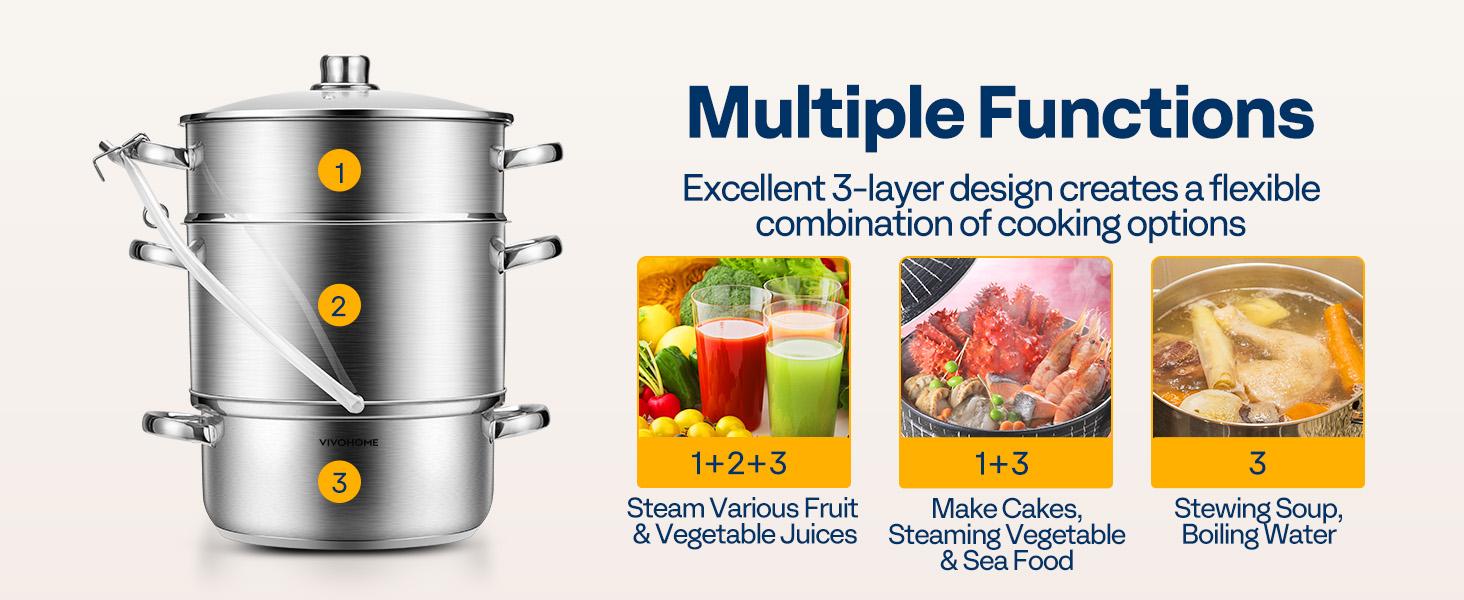 VIVOHOME 9.3QT Stainless Steel Steam Juicer 3-Layer Large Capacity Extractor Pot with Glass Lid, Double Handles, 2 Hose, Clamp, Induction Compatible for Fresh Fruit Vegetable Juice Aluminium Multifunctional Kitchenware Ideal Gift