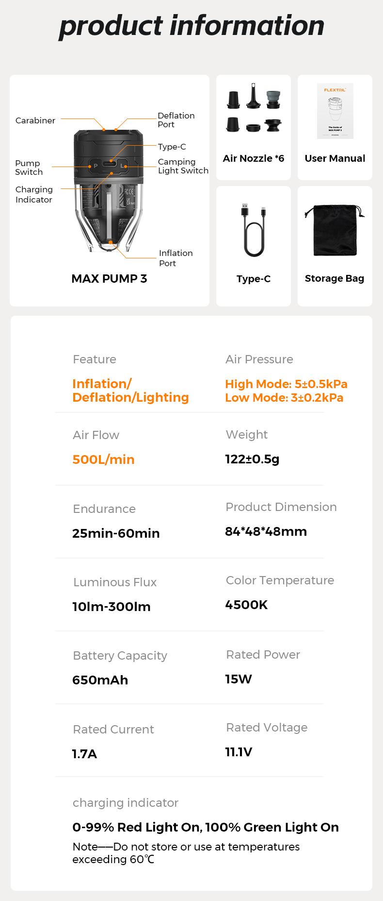 FLEXTAIL Max Pump 3 Air Pump for Inflatables Portable with Camping Light Transparent Design 5.0 kPa Pressure 500 L/min Airflow 6 Nozzles - Inflating Bed