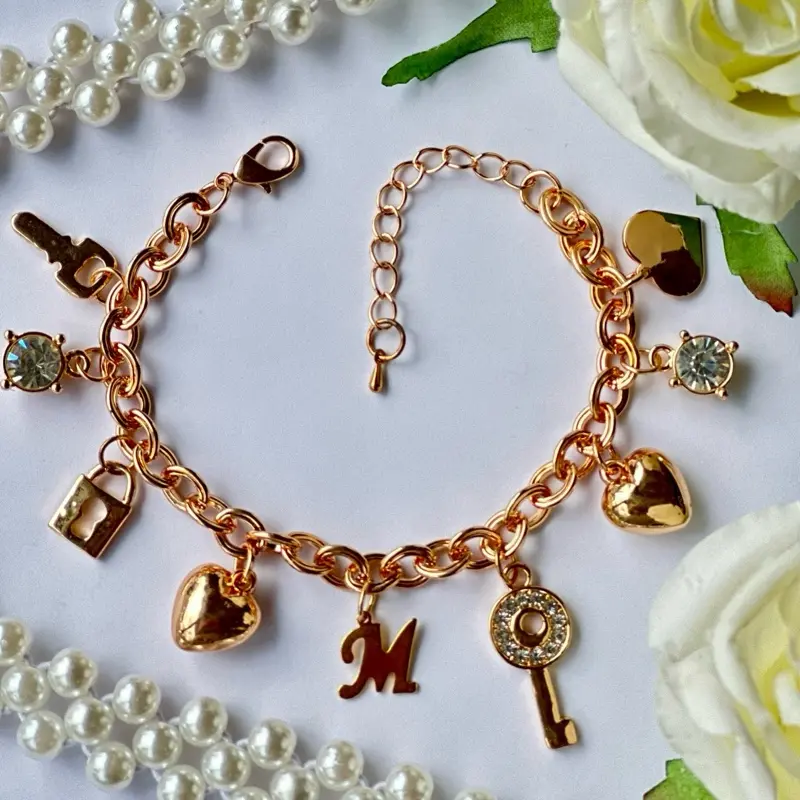 Gold, Silver, Or Rose Gold Charm Bracelet With Custom Name Initial And 8 Charms fashion personality