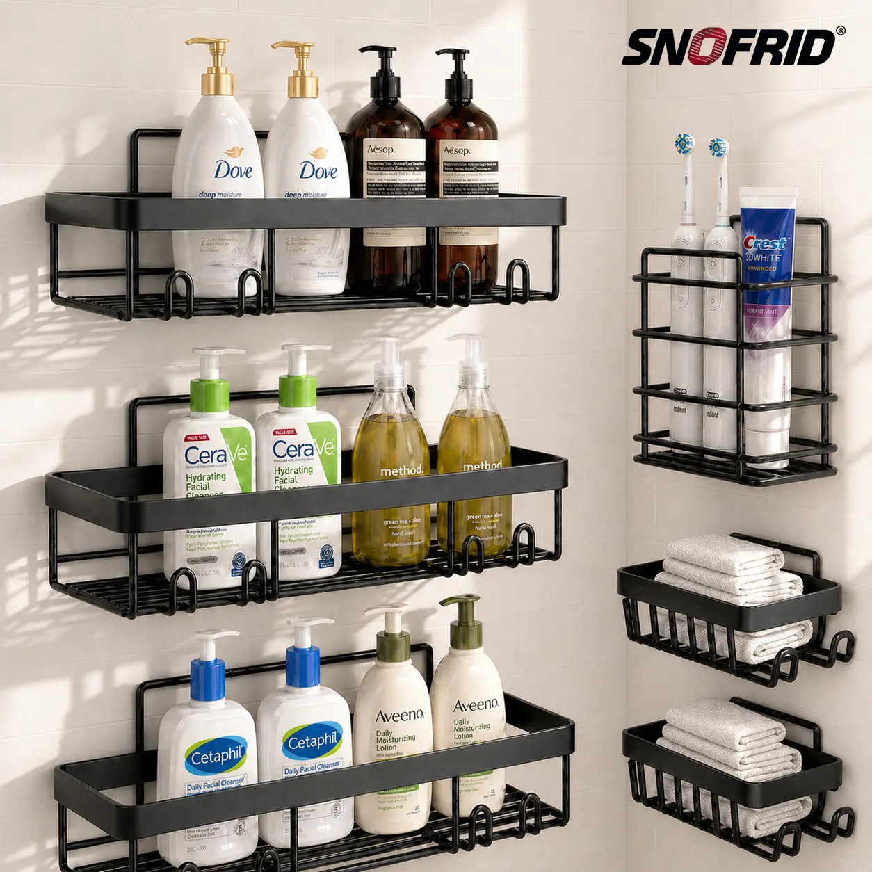 【DealsForYouDays】Snofrid Shower Caddy 6-Pack, Stainless Steel Advanced Rustproof Waterproof No-Drilling Adhesive Shelves, Wall-Mounted Rack with Soap Holder, Large-Capacity Bathroom Storage Organizer