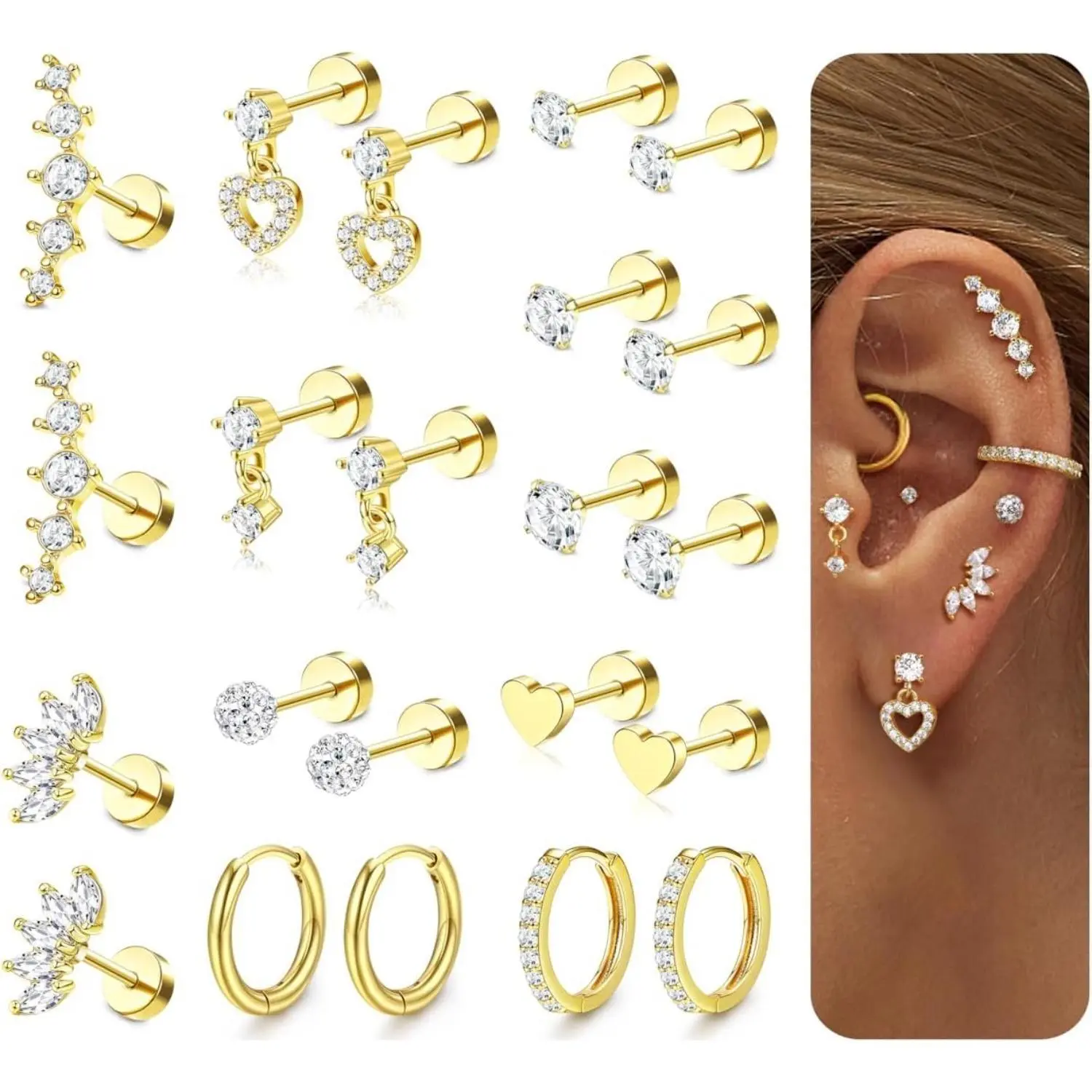CASSIECA 11pairs Flat Back Earrings Stack for Women Cartilage Earrings Stacks-20G Surgical Stainless Steel Flatback Hypoallergenic Stud Hoop Earring Set Daith Conch Tragus Helix Piercing Jewelry Summervibes