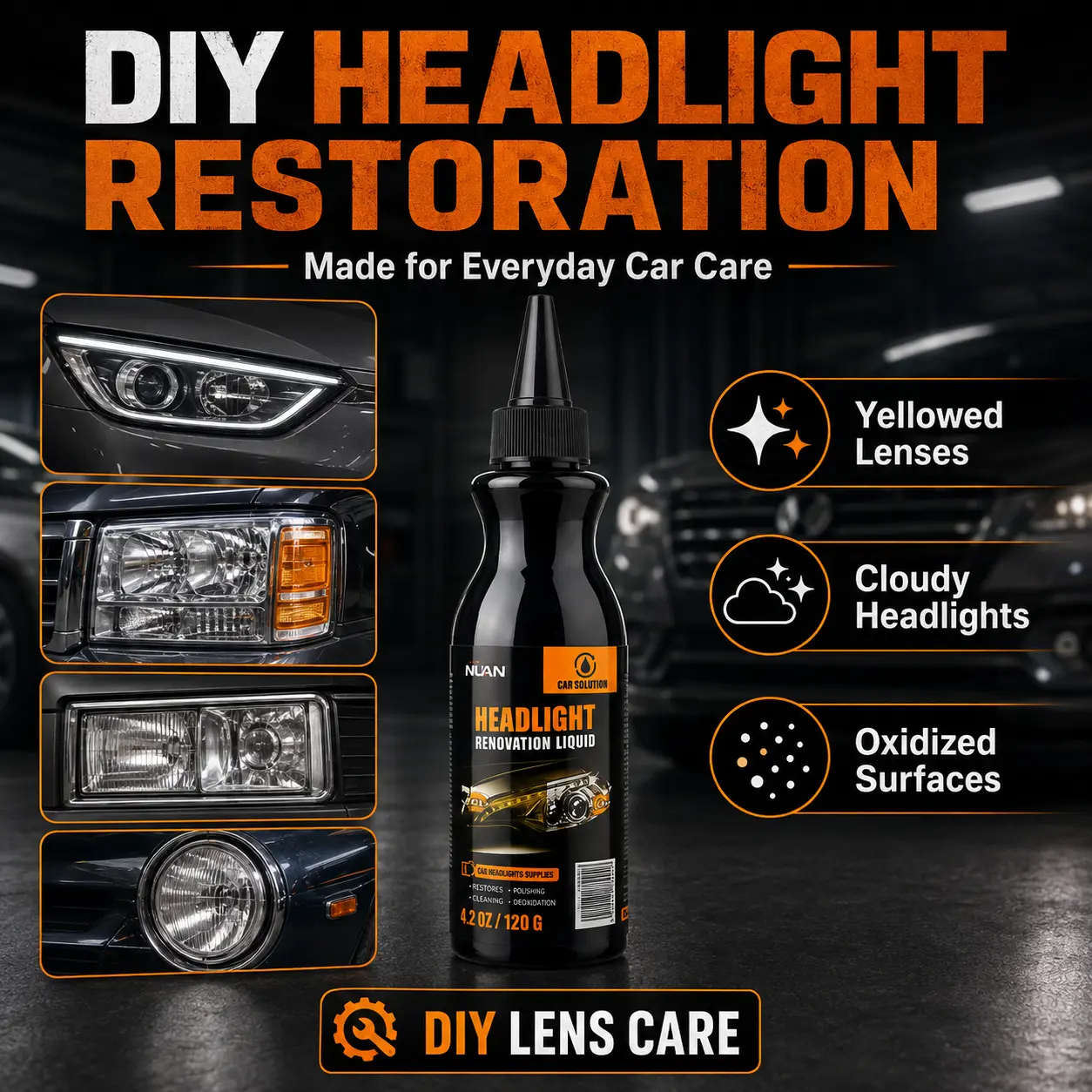 NUAN DIY Car Headlight Cleaner Kit - No-Drill Polish Paste, Polishing Pad for Cloudy Yellow Lenses, Oxidation Repair Solution (DIY Kit, Car Headlight Cleaners for Sports & Outdoor Use)