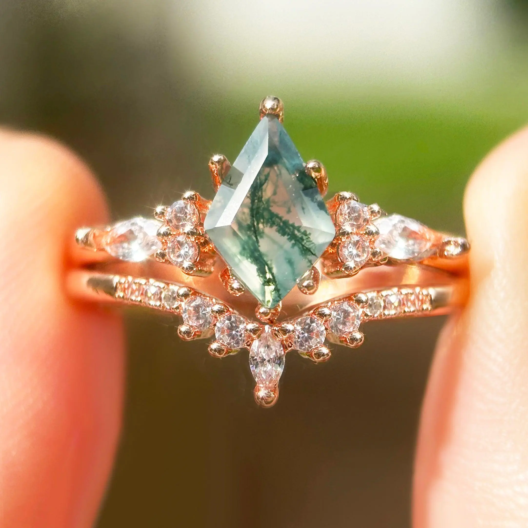 Moss Agate Fairy Engagement Ring Set - Women Emerald Cut Colored Gemstone Promise Ring for Weddings, Moss Agate Rings