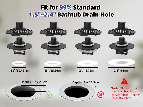 Universal Bathtub Drain Stopper Shower Drain Hair Catcher, Tub Stopper with Visible Top Strainer, Upgraded 3 in 1 Pop-up Drain Plug Fit for 1.5 to 2.4" Hole, Stainless Filter Basket  Matte Black