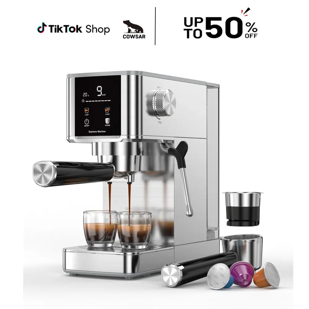 【Deals For You Days】COWSAR 20 Bar High Pressure Stainless Steel Drip Coffee Maker with Touch Control Panel 1.2L Removable Transparent Water Tank for Residential Use
