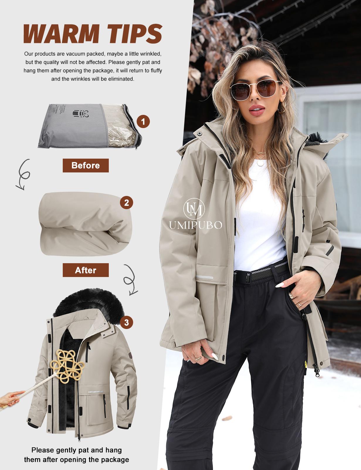 UMIPUBO Women's Waterproof Ski Jacket Warm Winter Coat Mountain Windproof Fleece Jacket Outdoor Hiking Jacket with Removable Hood