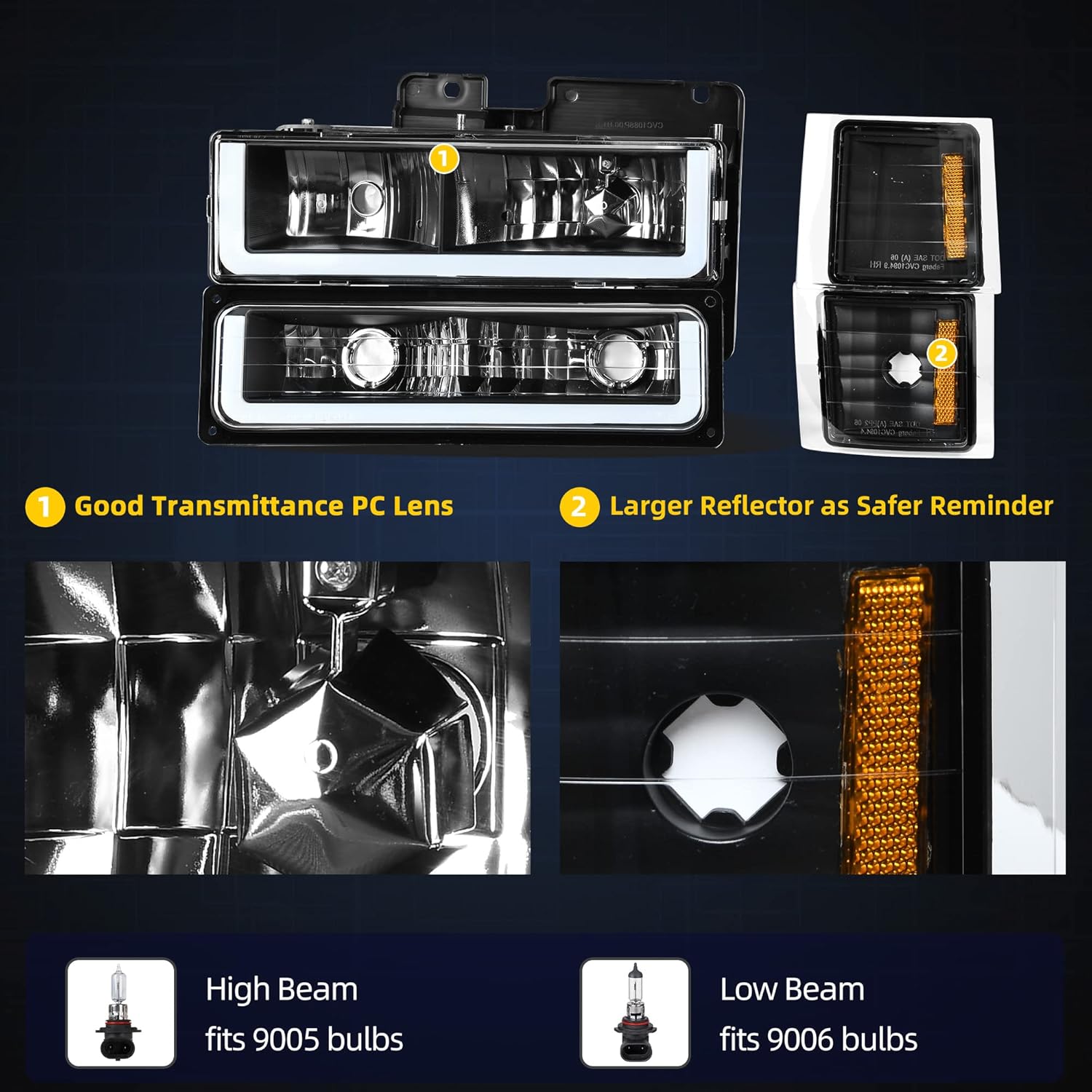 YITAMOTOR LED DRL Headlights Assembly Compatible with 1994-1999 Chevy Silverado Tahoe Suburban C10 C/K 1500 2500 3500 Replacement Headlamp with Corner Light Black Housing