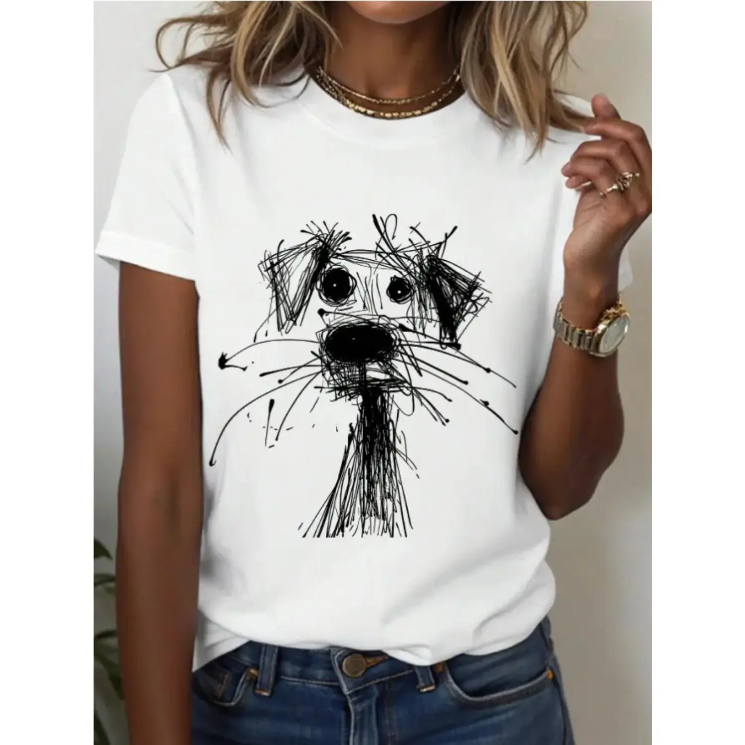 Women's Casual Round Neck Puppy Doodle Print Short Sleeve Oversized Cotton TShirt Made in Usa