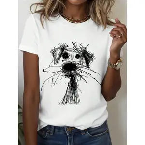 Women's Casual Round Neck Puppy Doodle Print Short Sleeve Oversized Cotton TShirt Made in Usa