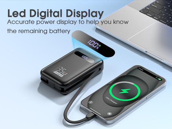 20000mAh 35W Power Bank – Built-in Cables, PD 3.0 & QC 4.0 Fast Charging, 4 Ports, LED Display, TSA-Friendly